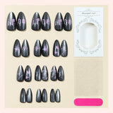 Yeknu  24Pcs Black Silver Cat Eye Press On Nails Almond False Nails with Pink Star & Letter Print Gothic Full Cover Acrylic Fake Nails