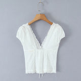 Yeknu  Positioned Lace V-neck White Shirt Top Short Sleeve Summer Chic Chest Tie Slim Women Crop Top Backless Sexy Shirt Blouse