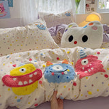 Yeknu Cartoon Animal Embroidery Bedding Set For Adults Kids Cute Flat Fitted Sheet With Pillowcases Washed Cotton Colorful Full Size