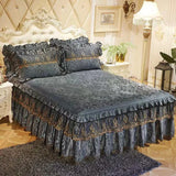 Yeknu  3pcs Set Good Quality Embossing Velvet Bed Skirt 1pc Romance Elegant Coral Fleece Bedspread Included 2pcs Pillowcase