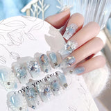 Yeknu  Gradient Blue Fake Nails with Flower Crystal Design Glitter Fake Nails for Lady Girls Christmas Gifts Artificial Nails Handmade