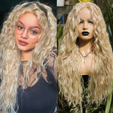 Yeknu  Ash Blonde Long Curly Lace Front Wig for Women Synthetic Middle Part 613 Honey Blonde Loose Deep Curly Flutty Hair Wigs Daily