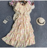 Yeknu  Retro Floral Print Chiffon Dress Women Summer Bubble Short Sleeve Slim Holiday Boho Dresses Multi-layered Ruffle Long Cake Dress