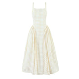 Yeknu  Jastie Lace Up Bandage Plaid Sling Dress Women Elegant Square Neck Low Waist A-line Midi Summer Dresses Holiday Party Robe
