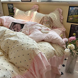 Yeknu Korean Bedding Set Luxury Quilt Cover Pillowcase Flat Bed Sheet Skirt Fitted Sheet Girl Princess Ruffle Home Textile Christmas