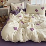 Yeknu  Towel Embroidered Bow Washed Cotton Bedding Set, Fresh Style 3/4 Piece Dorm Bed Sheet & Duvet Cover Set