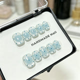 Yeknu  10Pcs Handmade Light Blue Cat Eye Press On Nails Short Square False Nails With Blue Rhinestones Reusable Fake Nail for Women