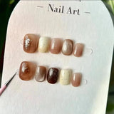 Yeknu  24Pcs Autumn Maillard Press on Nails Amber Smudge Nail Mirror Powder False Nails Short Square Nail French Tip Gradient Fake Nail