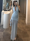 Yeknu Deep V Neck Slim Maxi Dresses For Women Mesh Splice See Through Folds Long Dress Femme Side Slit Sexy Evening Dress Woman