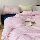 Yeknu  Ins Dopamine Korean Striped Washed Cotton Four-piece Bedding Set Cream Style Bed Sheet Quilt Cover Three-piece Set