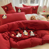Yeknu Solid Colour embroidery Bedding Set For adults kids Ankela Red Red Flat Sheet With Pillowcases Colorful King Queen Full size