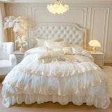 Yeknu 4/6Pcs Pink Butterfly Jacquard Three-layer Lace Ruffles Princess Wedding Bedding Set Duvet Cover Bed Skirt Bedspread Pillowcases