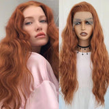 Yeknu  13X4 Ginger Orange Long Curly Synthetic Lace Front Wig Natural Wavy Auburn Brown Colored Hair Lace Frontal Wig for Women Party