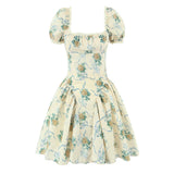 Yeknu  Square Neck Puff Sleeve Elegant Women's Dress Summer Fashion Back Waist Tie Print Dress Short Female Vestidos