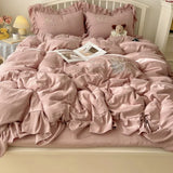 Yeknu  Lace embroidery small fresh and cute girl heart bed four-piece set washed cotton summer bed sheet quilt cover bed hat