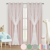 Yeknu  1/2Panel Blackout Curtain Double-Layer Pompom Grommet Eyelet Top Blackout Drape Voile Tulle Window Blind for Bedroom Living Room