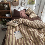 Yeknu Bedding Set Ins Ambiance Blue Coffee Grid Mixed With Washed Cotton Minimalist Flat&Fitted Sheets Duvet Cover Set With Pillowcase