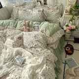 Yeknu 3/4Pcs Korean Princess Style Floral Ruffles Bedding Set Skin-friendly Soft Duvet Cover Set Bed Sheet Or Bed Skirt Pillowcases