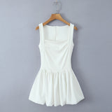 Yeknu  Summer Square Neck Sleeveless Slimming Tutu Dress Women Elegant Solid Color Ruffled Hem Cute Mini Dress