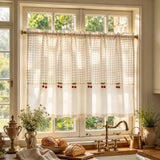 Yeknu  1Pc,Country Style Classic Lattice with Red Cherry Trim Splice Pure Color Short Curtain For Small Window,Chic Curtain For Kitchen