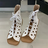 Yeknu  Fashion Design Hollow Out Flat Heels Boot Sandals Woman Summer Gladiator Peep Toe Zipper Party Dress Shoes