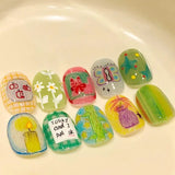 Yeknu  30Pcs Green Snake Eye Cat Eye Press On Nails Short Square Fake Nails with Star Reusable Full Cover Artificial Nail Tip for Women