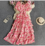 Yeknu  Retro Floral Print Chiffon Dress Women Summer Bubble Short Sleeve Slim Holiday Boho Dresses Multi-layered Ruffle Long Cake Dress