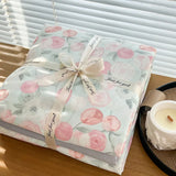 Yeknu Ins floral print Bedding set knitted cotton Flat sheet set Four pieces duvet cover double layer-yarn 4Pcs Cute Fitted sheet