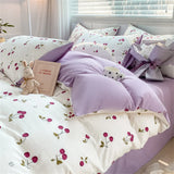 Yeknu  Textiles Soft Four-piece Bedding Set Pillowcase Purple Washed Cotton Flower Duvet Cover for Children Women Men Bed Sheet