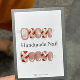 Yeknu  10Pcs Painted Plaid False Nails 3D Flower Acrylic Press on Nails Short Coffin Ballet Fake Nails Nude Pink Cat Eye Nail Art Fall