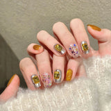 Yeknu  10 Pcs Press On Nails Ultra Short Gradient Fake Nails Gold Holographic Glitter With Rhinestones Handmade False Nail Tips