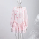 Elegant Printed Women's Dress Long Puffed Sleeve O-Neck Waist-Closed Lady Mini Dresses 2026 Summer Autumn Female Robe New