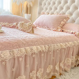 Yeknu  1.5X2m/1.8X2m Velvet Heavy Fluffy Flower Lace Ruffled Sweet Princess Girl Bed skirt,Delicate With 1Bed Skirt 2pillowcases