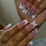 Yeknu 24Pcs Mid-length French Pink Square Head Press on False Nails Flash Drill Wearable Finished Manicure Full Cover Nail Tips