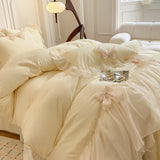 Yeknu  Korean Princess Style Bedding Set Girl Heart Solid Color Double Bed Sheets Washed Cotton Ruffled Bed Cover Sheet Quilt Set