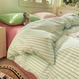 Yeknu Striped Bedding Set Ins Korean Duvet Cover Set Flat Sheets Set With 2 Pillowcases Single Twin Full Queen Size Bed Linen Set