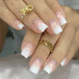 Yeknu  24Pcs Glossy Press on Nails Set Short Oval Gradient French Nail Tips Reusable Full Cover Fake Nails with Glue for Women&Girls