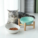 Yeknu  Ceramic Round Pet Bowls, Home Removable Cat Food Bowl With Frame 45° Tilted Design Wood Bottom Pets Drinking Feed Tableware, 1Pc