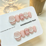 Yeknu  10pcs Handmade Press On Nails Nude Pink Short Square With 3D Bow Fake Nail Lace & Pearl Charms False Nails for Women&Girl