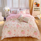 Yeknu  Cute Pink Strawberry Duvet Cover Flat Sheet Pillowcase Floral Bedding Set Girls Bed Linen Soft Thick Washed Cotton Bedclothes
