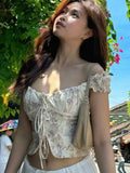 Yeknu  Summer Puff Sleeve French Floral Printed Shirts Elastic Back Sexy Crop Tops Slim Short Top