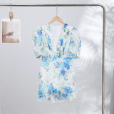 Yeknu  Sexy Print Women Min Dress Urban Deep V-neck Short Puff Sleeve Cascading Ruffle Female Dresses Spring Summer Lady Robe