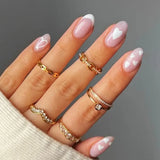 Yeknu  24pcs French White Border Heart-shaped Print Press on Nails Simple Short Nails Full Cover Wearable False Nails