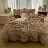 Yeknu  Solid Color Pleated Textured Soft Breathable Chic Princess 4pcs Bedding Set, Delicate Bows Twin Duvet cover Bed sheet Pillowcase