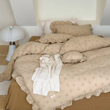 Yeknu INS Princess Ruffle Edge Gauze 100% Cotton Pillow Case Breathable Duvet Cover Without Filler 3PCS Floral Home Bedding Set