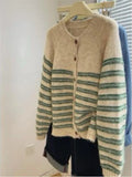 Yeknu  Autumn Green Striped Cardigan Knitted Sweater Women Casual Long Sleeve Ladies Cardigans Tops Korean Style Woman Sweaters Coat