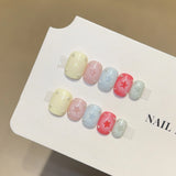 Yeknu  10Pcs Handmade Press On Nails Short Square Fake Nails Pastel Color Star & Rhinestone Full Cover Reusable False Nails for Women