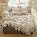 Yeknu  new cream lace girl powder grid Korean version bed four-piece set washed cotton double-layer yarn quilt cover dormitory