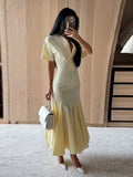 Yeknu  Elegant Pleated Women's Long Dress V-Neck Short Sleeve Waist-Closed Lady Dresses Summer Autumn Female Vacation Robe New