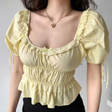 Yeknu  Deeptown Elegant Sexy Butter Yellow Tops Women Coquette Sweet Crop Tops Korean Fashion Lace Summer Slim Up Short Sleeve Tees